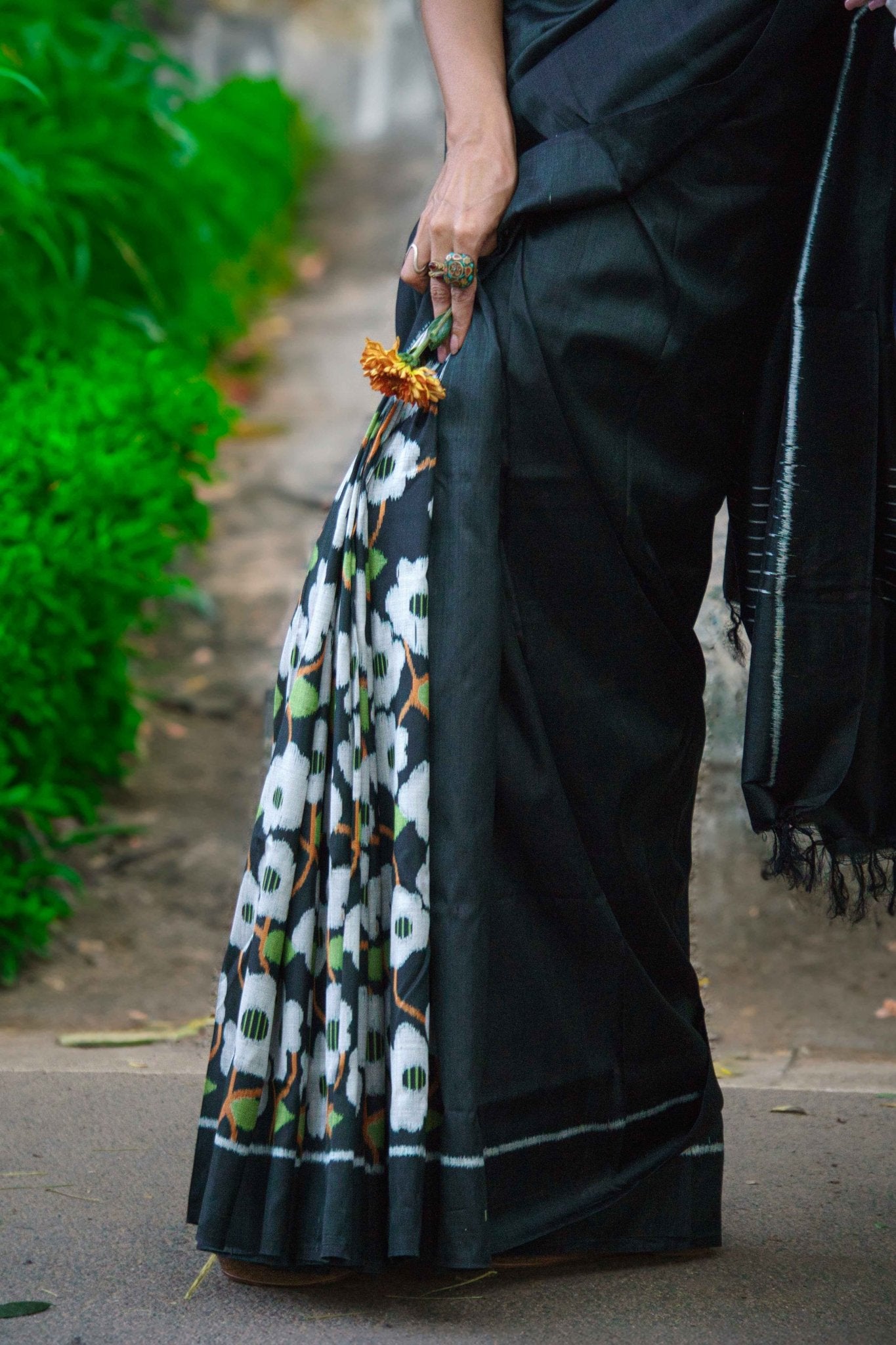 Handcrafted Floral Inspired Bloomgrid Black Silk Saree – Womens Saree on Brown Living™. SKU: SS24SA07. Img 3.