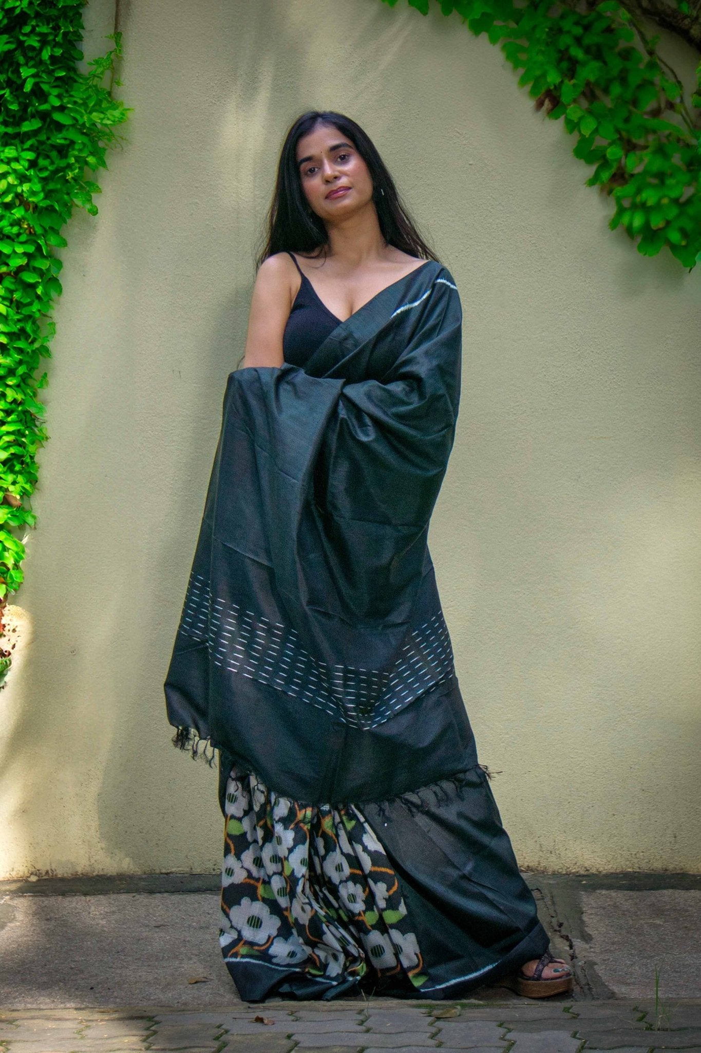 Handcrafted Floral Inspired Bloomgrid Black Silk Saree – Womens Saree on Brown Living™. SKU: SS24SA07. Img 1.