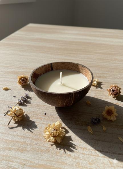 Handcrafted Natural Coconut Shell Candle – Floral Aroma – Candles & Fragrances on Brown Living™. SKU: BL-CSC. Img 1.