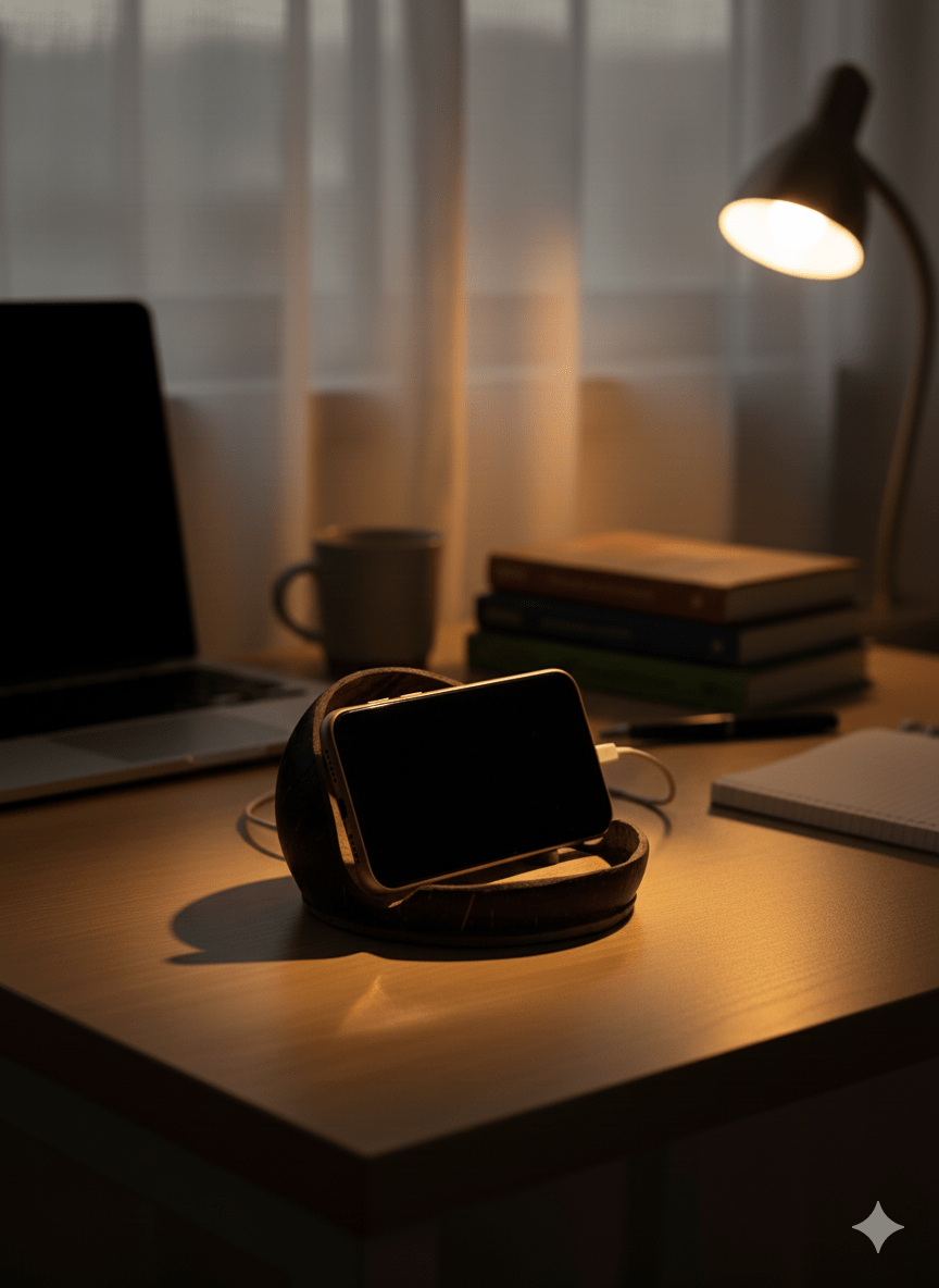 Handcrafted Natural Coconut Shell Mobile Stand – Desk Accessories on Brown Living™. SKU: KOTT014. Img 1.