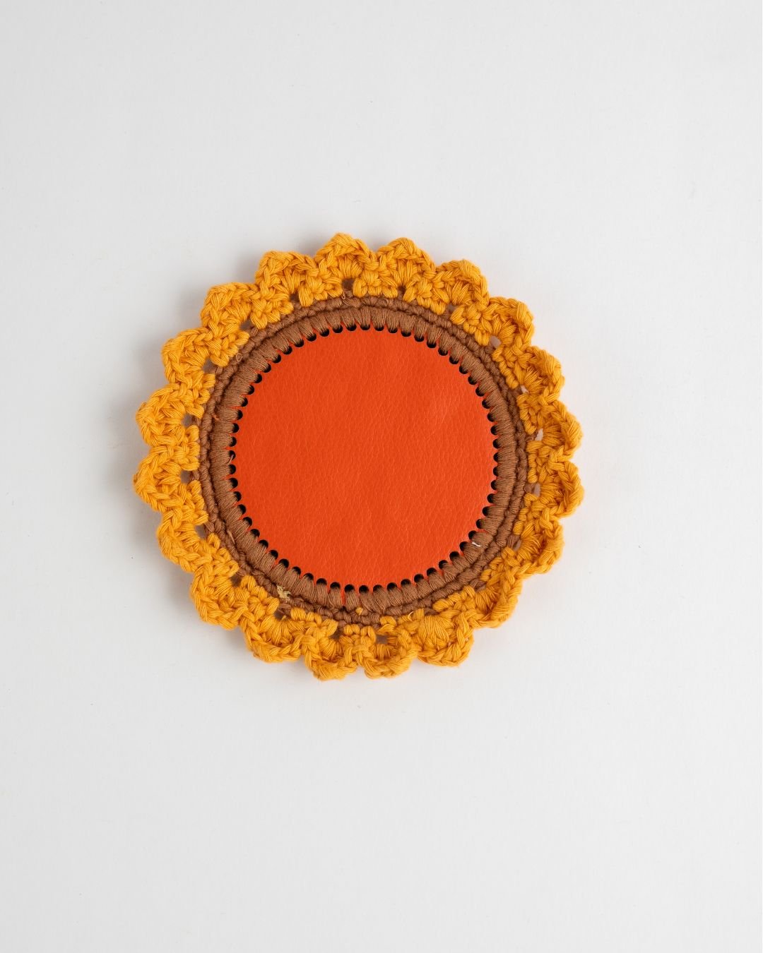 Handcrafted Sunflower Crochet Coaster Set of 4 – Coasters on Brown Living™. SKU: COT19G. Img 1.