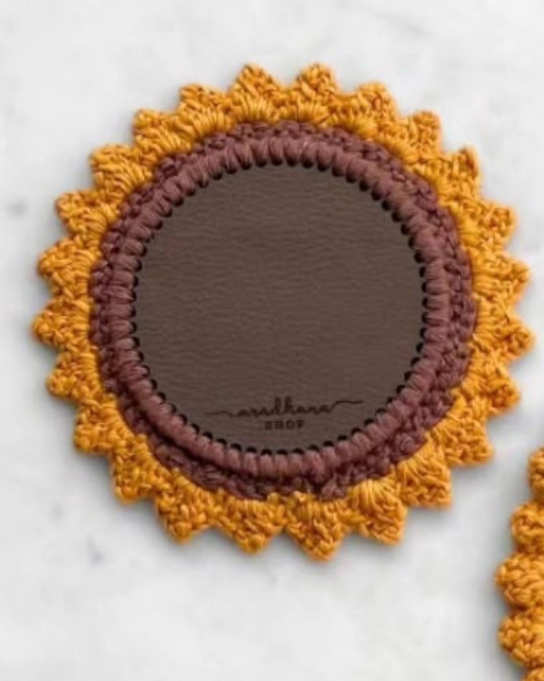 Handcrafted Sunflower Crochet Coaster Set of 4 – Coasters on Brown Living™. SKU: COT19K. Img 4.