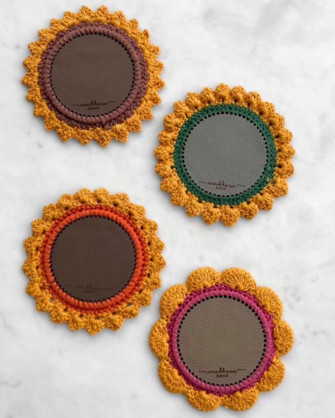 Handcrafted Sunflower Crochet Coaster Set of 4 – Coasters on Brown Living™. SKU: COT19K. Img 1.