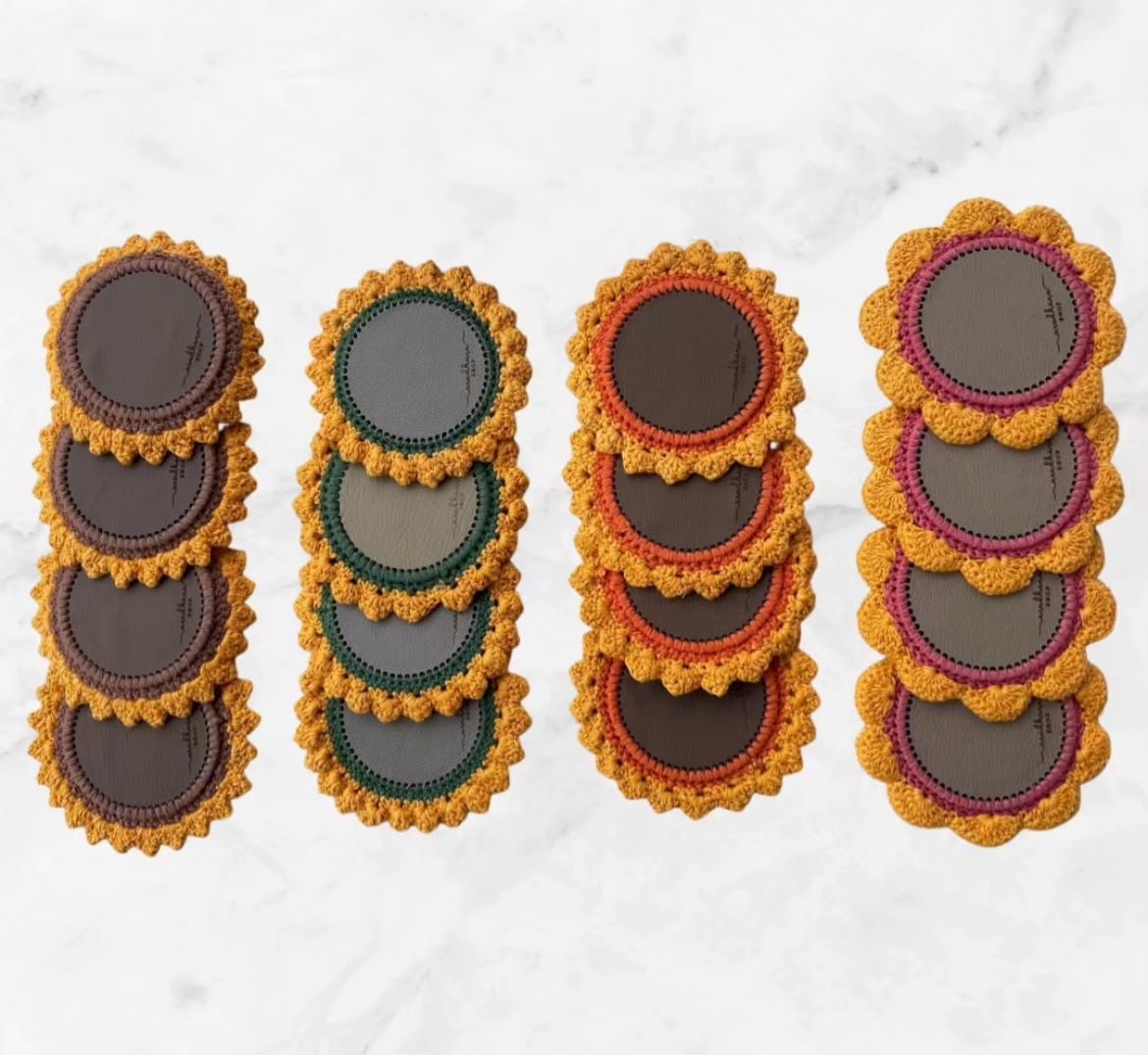 Handcrafted Sunflower Crochet Coaster Set of 4 – Coasters on Brown Living™. SKU: COT19K. Img 2.