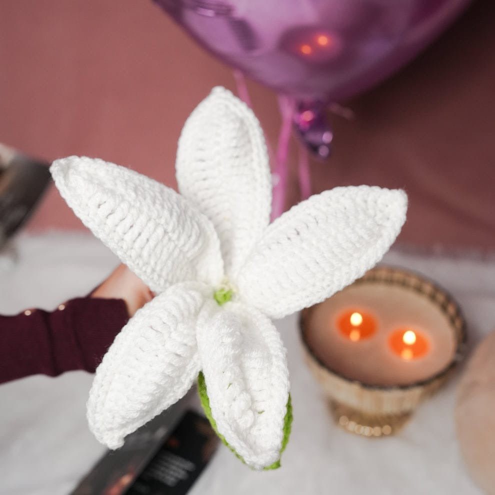 Handcrafted White Crochet Lily Flower | Elegant Handmade Décor – Home Decor on Brown Living™. SKU: DF-390. Img 4.