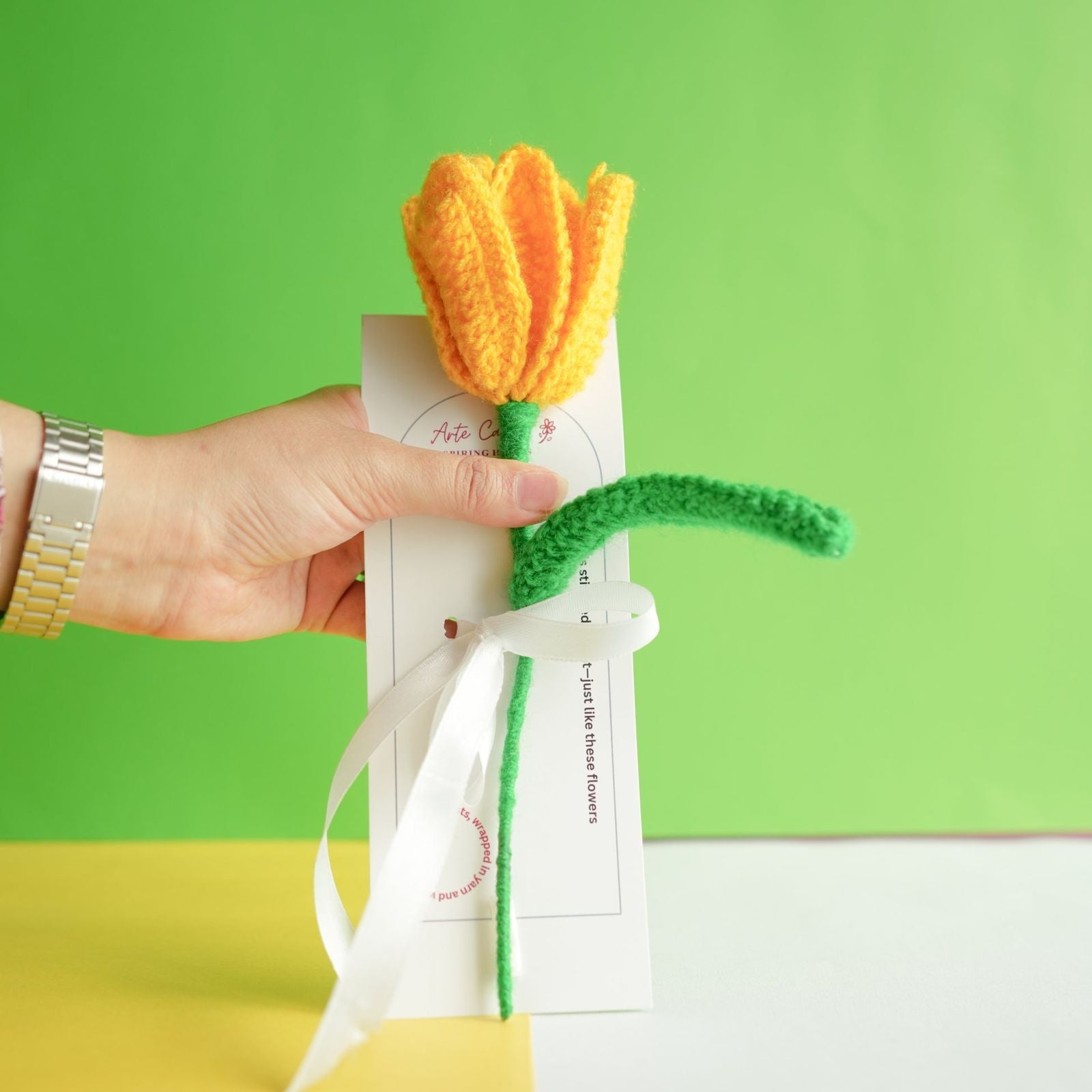 Handcrafted Yellow Crochet Tulip Flower | Bright Handmade Decor – Home Decor on Brown Living™. SKU: DF-389. Img 1.