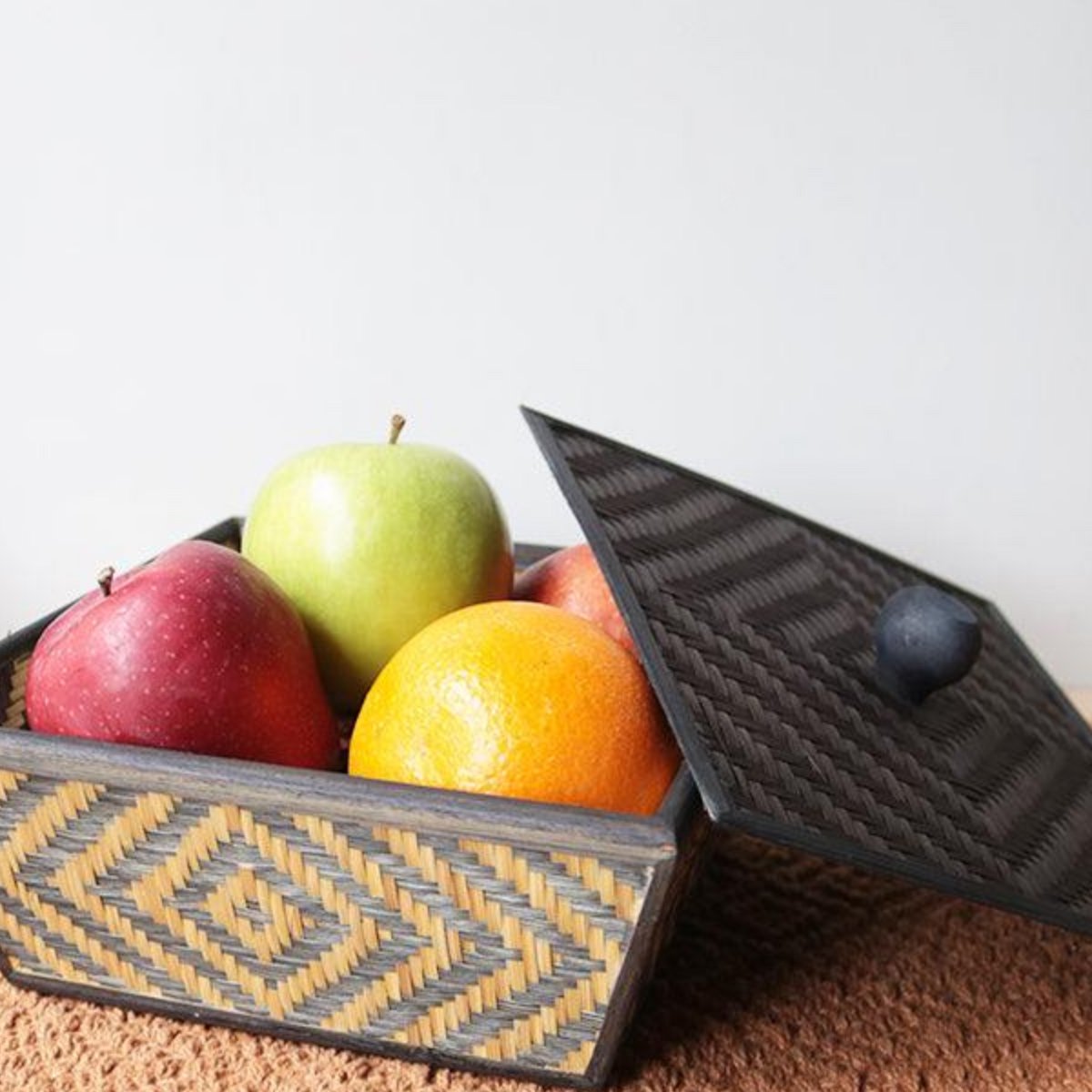 Handmade Bamboo Fruit Basket With Lid – Baskets & Boxes on Brown Living™. SKU: TB57BLK - NEW. Img 2.