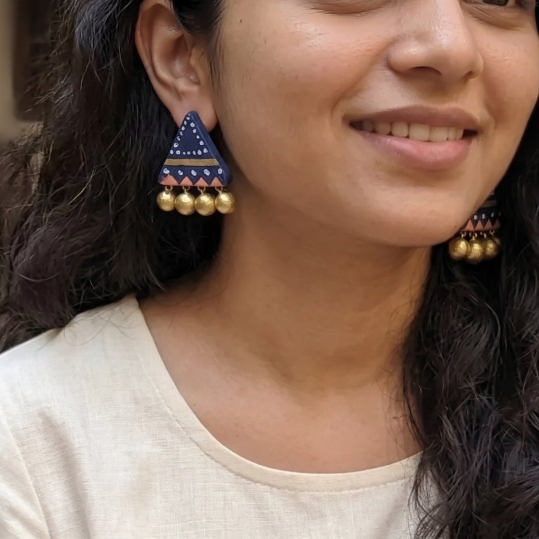 Handmade Blue Terracotta Triangle Jhumka Earrings – Womens Earrings on Brown Living™. SKU: KOTT-T015. Img 1.