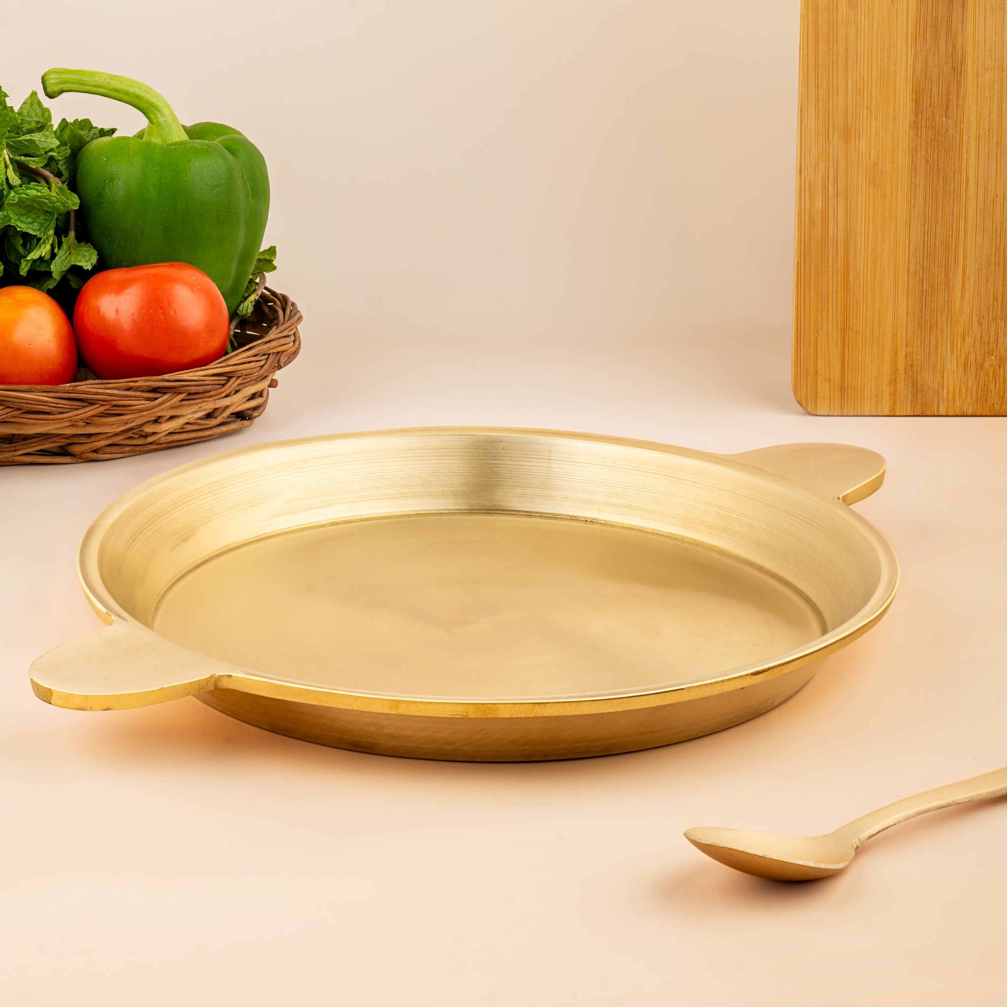 Handmade Bronze Fry Pan – Flat Bottom | Traditional Kansa Cookware – Cookware on Brown Living™. SKU: B40. Img 1.
