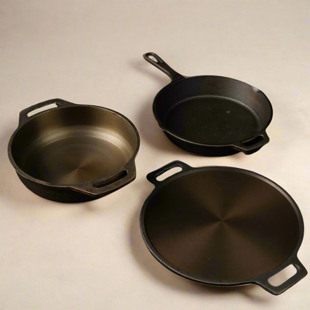 Handmade Cast Iron Combo (Kadai + Dosa Tawa + Skillet) – Cookware on Brown Living™. SKU: CastIron - Combo - 6 - 7750g - packof3. Img 1.
