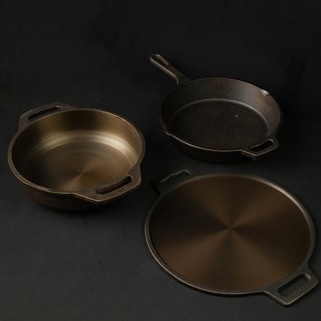 Handmade Cast Iron Combo (Kadai + Dosa Tawa + Skillet) – Cookware on Brown Living™. SKU: CastIron - Combo - 6 - 7750g - packof3. Img 6.