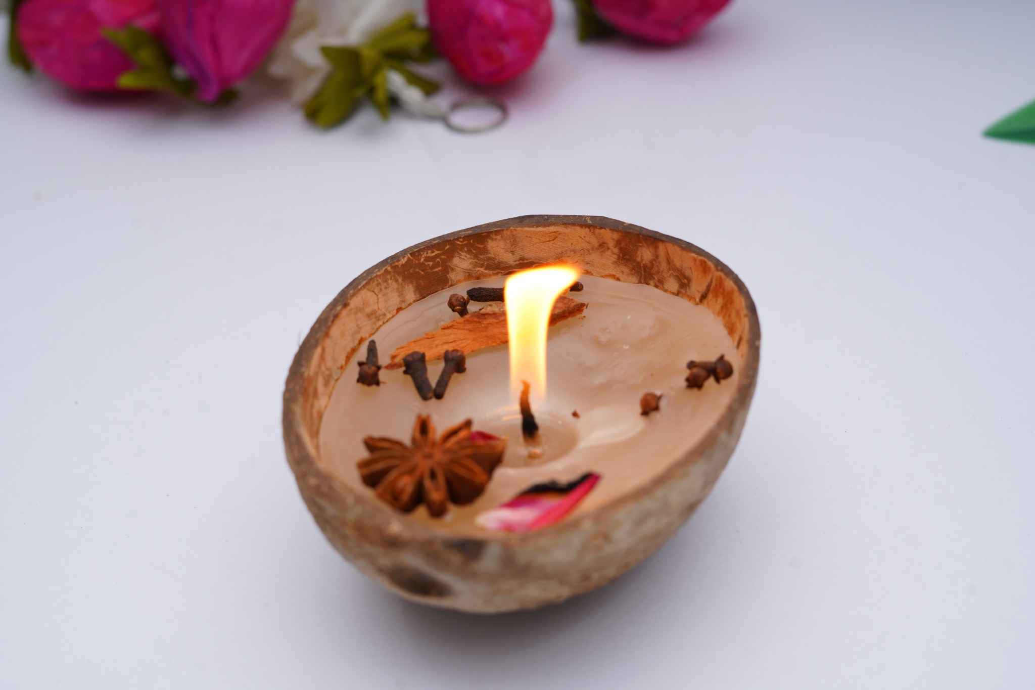 Handmade Coconut Shell Aroma Candle with Spices – Eco - Friendly Décor – Candles & Fragrances on Brown Living™. SKU: KOTT003. Img 3.