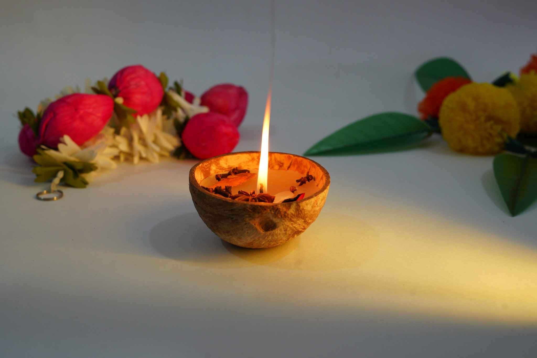 Handmade Coconut Shell Aroma Candle with Spices – Eco - Friendly Décor – Candles & Fragrances on Brown Living™. SKU: KOTT003. Img 1.