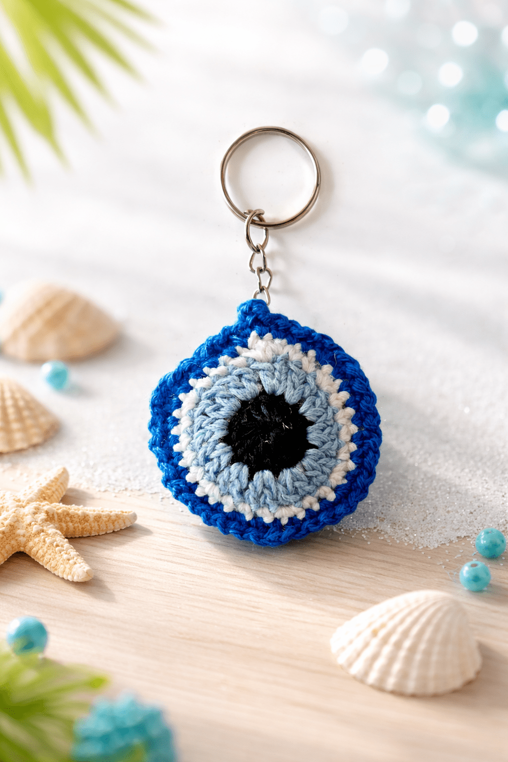 Handmade Crochet Evil Eye Keychain | Lucky Charm & Bag Accessory – Travel Accessories on Brown Living™. SKU: CEK-S-03. Img 1.