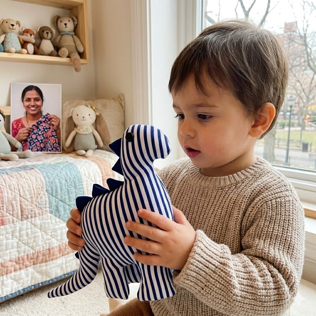 Handmade Dinosaur Soft Toy | Sustainable, Upcycled Fabric Plush – Soft Toy on Brown Living™. SKU: 122000029115. Img 4.