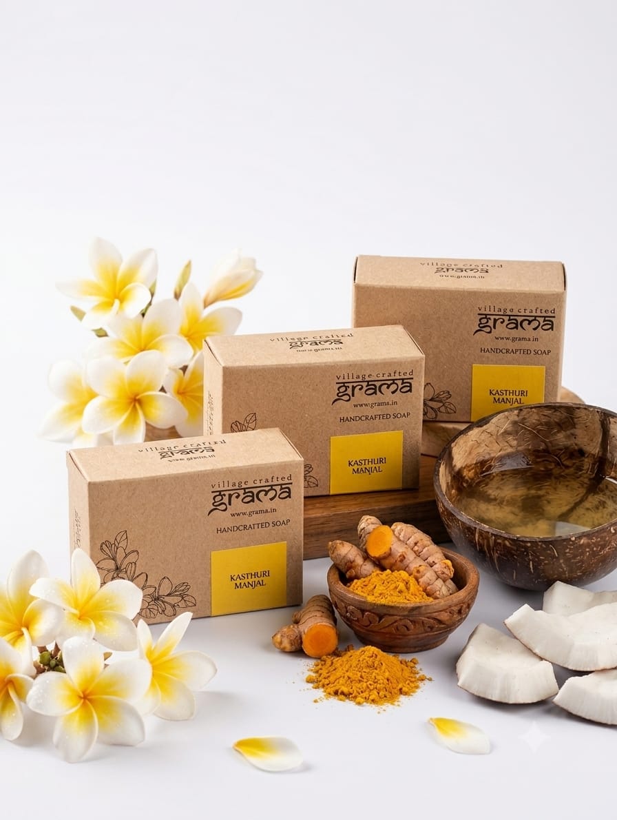 Handmade Kasthuri Manjal Soap 125 g| Pack of 2 & 3 (Hot Process ) – Body Soap on Brown Living™. SKU: kasthurimanjal3. Img 9.