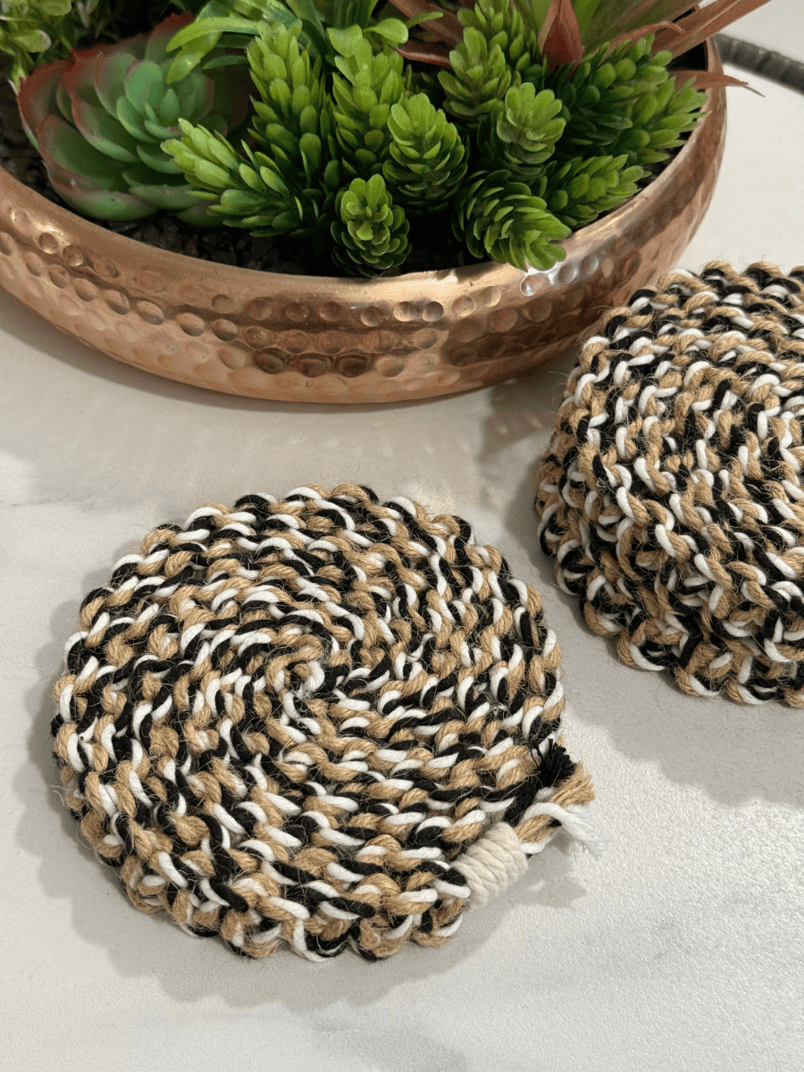 Handmade Macramé Coasters Set of 2 – Boho Table Decor & Drink Mats – Coasters on Brown Living™. SKU: CTR010. Img 2.