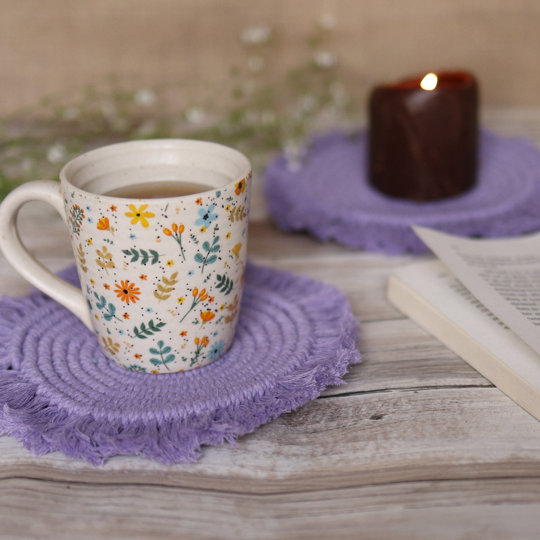 Handmade Macrame Lavender Table Coasters - Set of 2 – Coasters on Brown Living™. SKU: SAR102. Img 3.