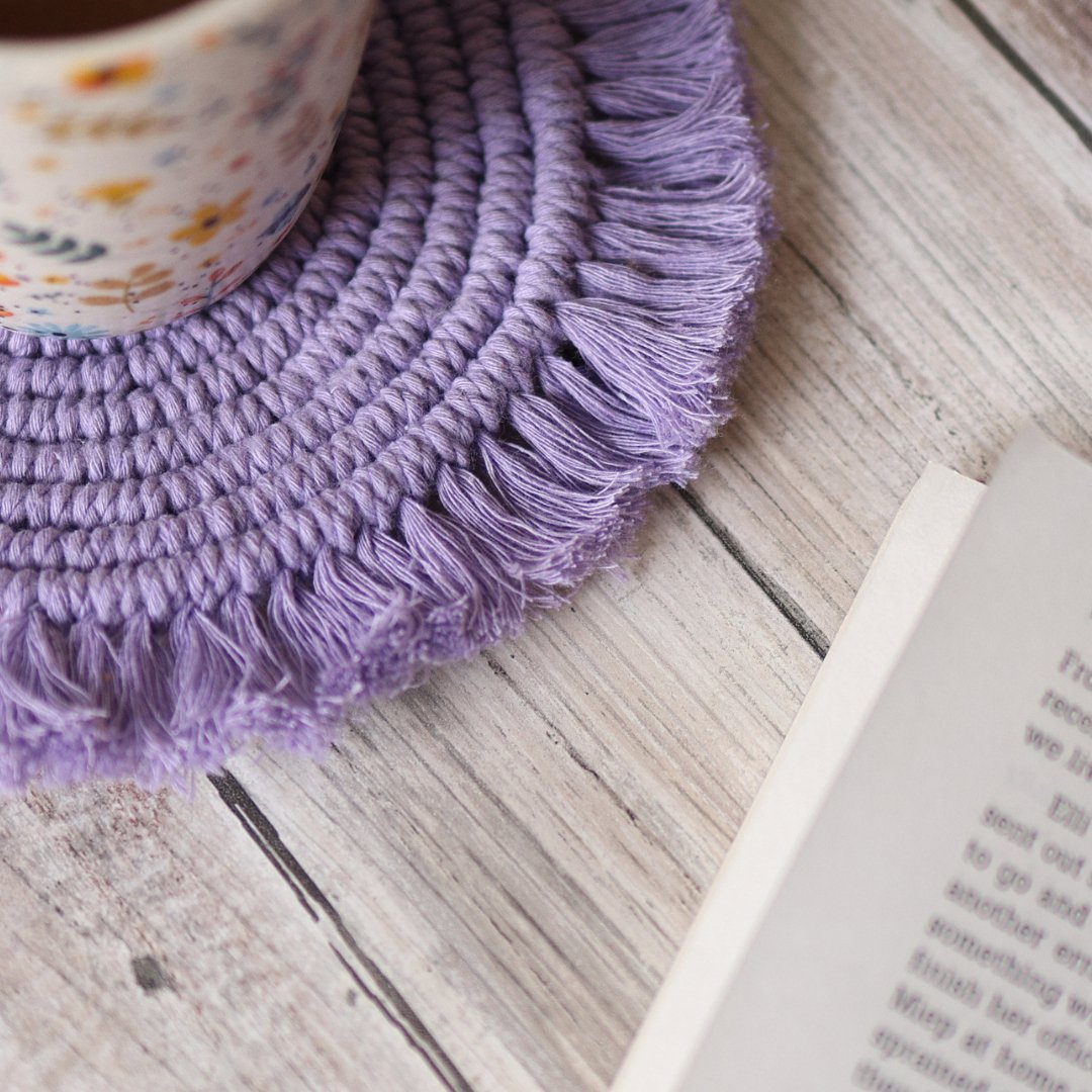 Handmade Macrame Lavender Table Coasters - Set of 2 – Coasters on Brown Living™. SKU: SAR102. Img 4.