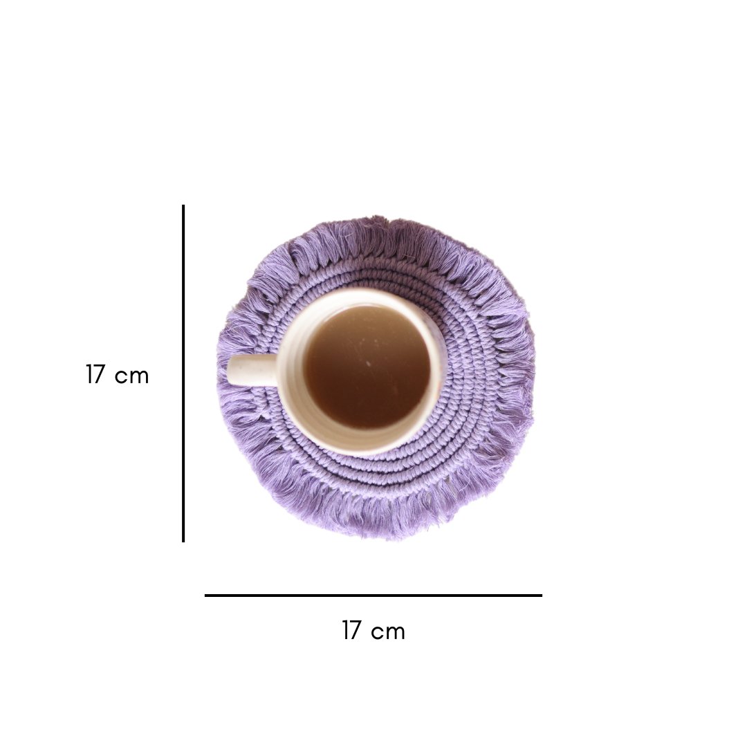 Handmade Macrame Lavender Table Coasters - Set of 2 – Coasters on Brown Living™. SKU: SAR102. Img 5.