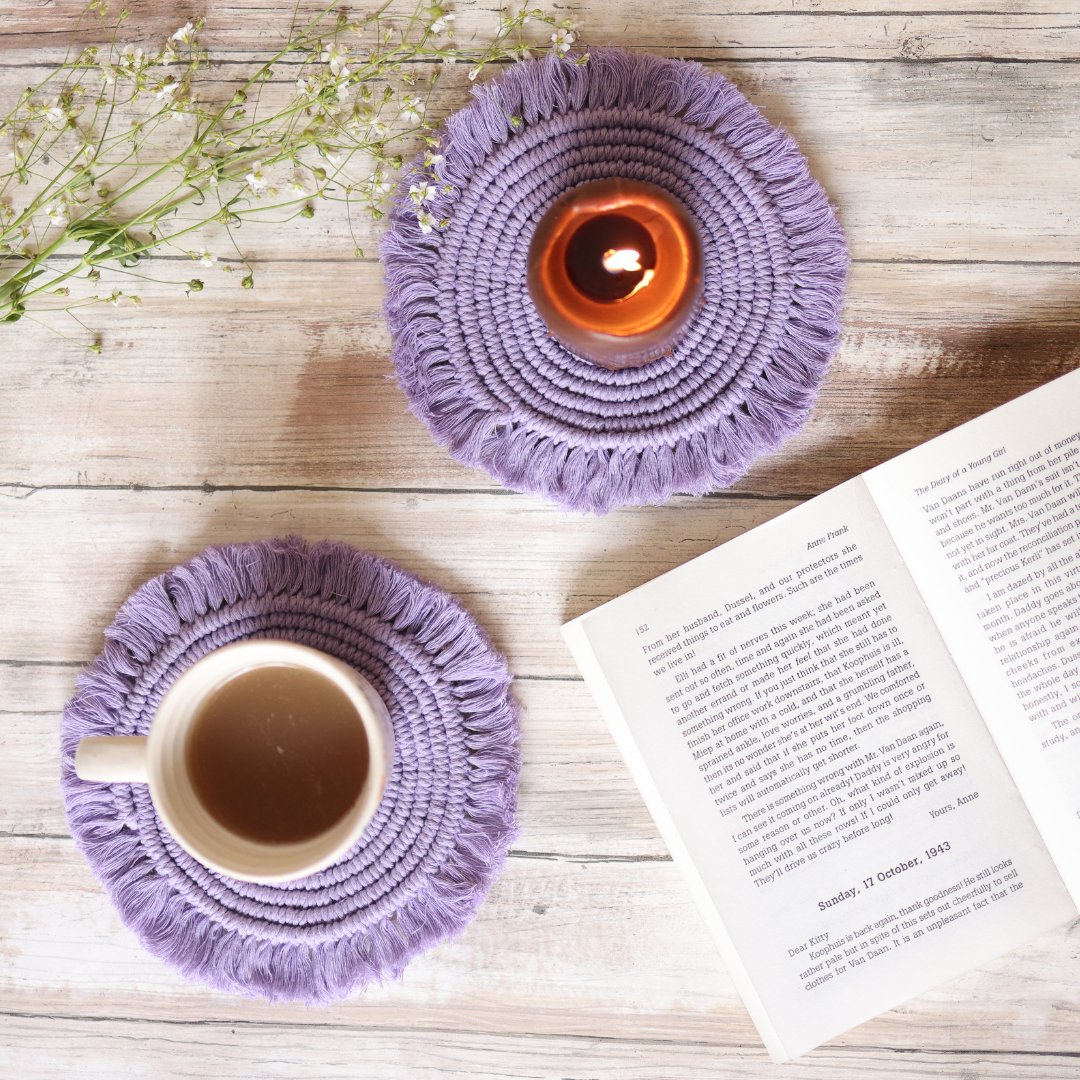 Handmade Macrame Lavender Table Coasters - Set of 2 – Coasters on Brown Living™. SKU: SAR102. Img 1.