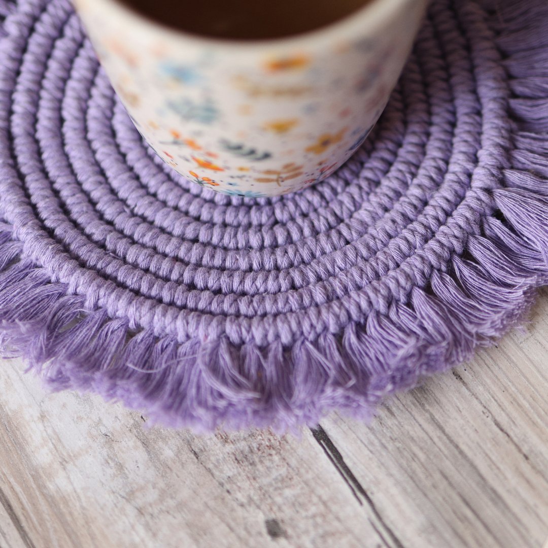 Handmade Macrame Lavender Table Coasters - Set of 2 – Coasters on Brown Living™. SKU: SAR102. Img 8.