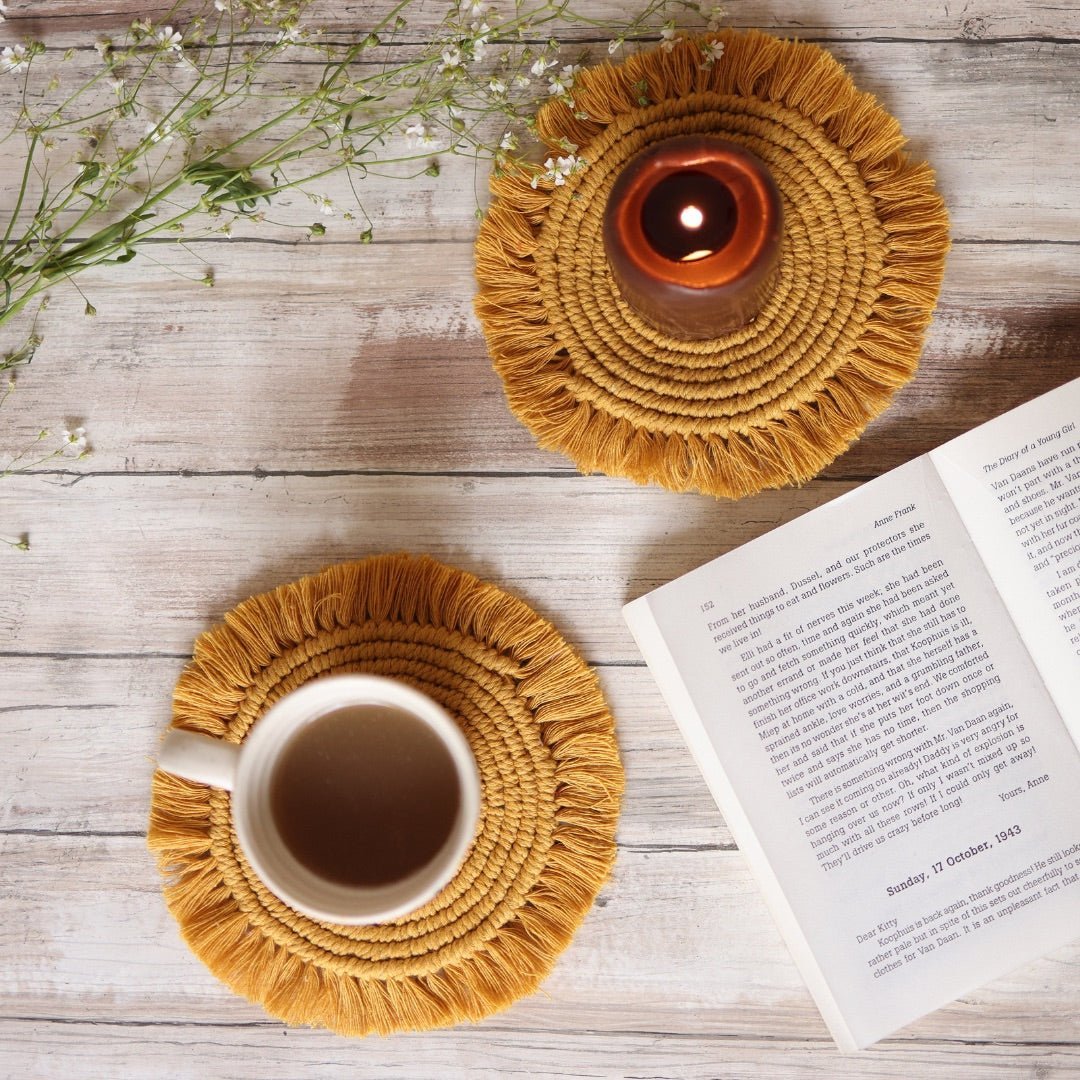 Handmade Macrame Table Coasters - Set of 2 – Coasters on Brown Living™. SKU: SAR101N. Img 12.