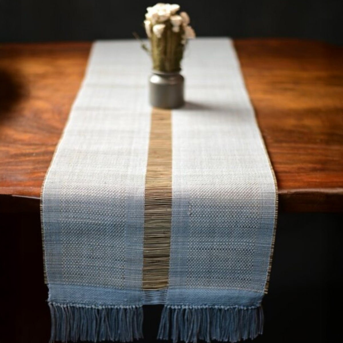 Handmade Madurkathi Table Runner | Sustainable Dining Décor – Table Linens on Brown Living™. SKU: MDTR1355ASH. Img 7.