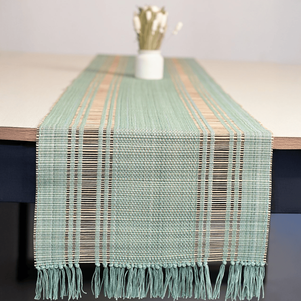 Handmade Madurkathi Table Runner | Sustainable Dining Décor – Table Linens on Brown Living™. SKU: MDTR1355SHGRN. Img 14.