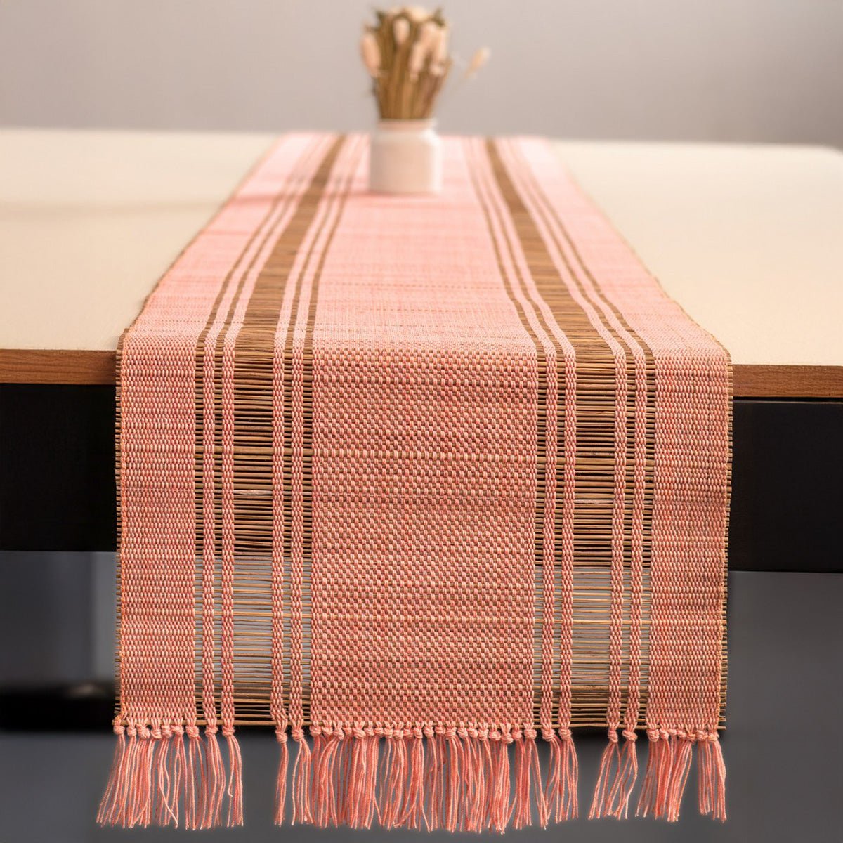 Handmade Madurkathi Table Runner | Sustainable Dining Décor – Table Linens on Brown Living™. SKU: MDTR1372PCH. Img 11.