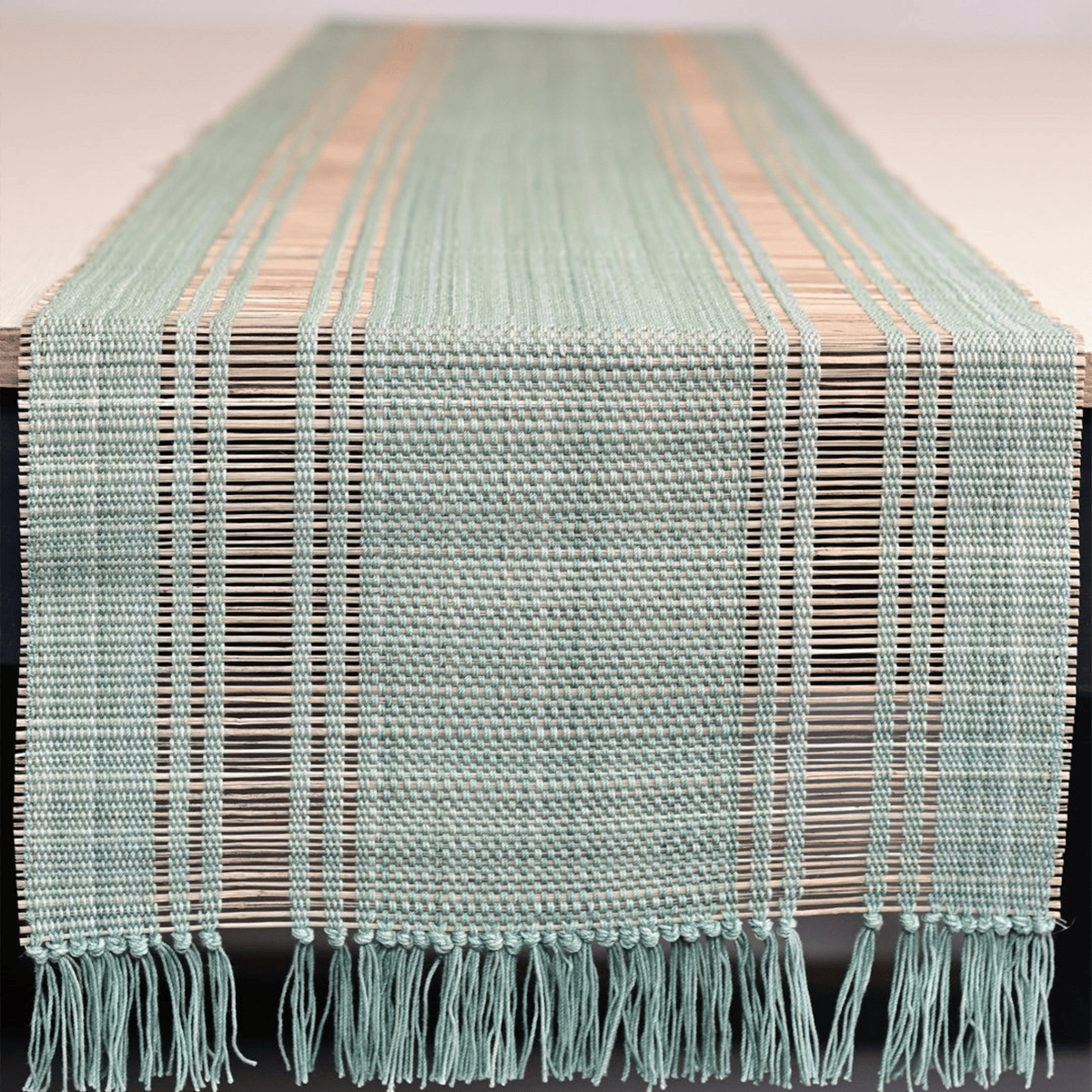 Handmade Madurkathi Table Runner | Sustainable Dining Décor – Table Linens on Brown Living™. SKU: MDTR1372SHGRN. Img 13.