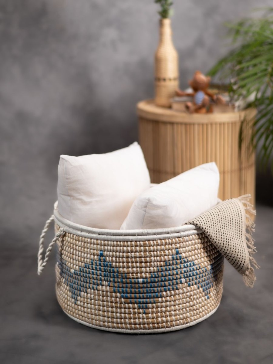 Handmade Moonj Grass Declutter Basket – Baskets & Boxes by Kadam Haat available on Brown Living™. Indigo - Wave . SKU: BM48ING2 - NEW. Img 2.