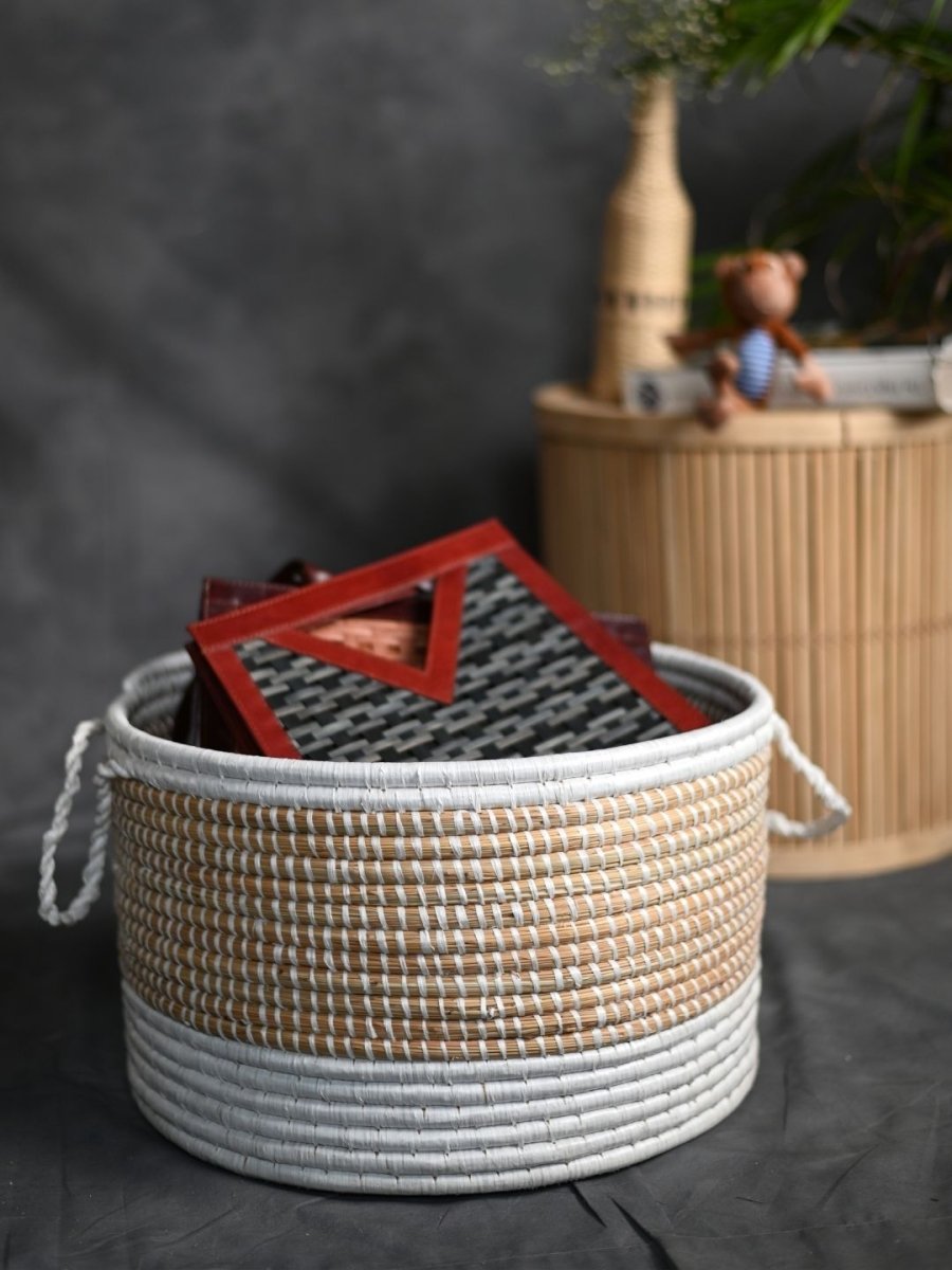 Handmade Moonj Grass Declutter Basket – Baskets & Boxes by Kadam Haat available on Brown Living™. White - Bottom Strip . SKU: BM48WIT3 - NEW. Img 1.