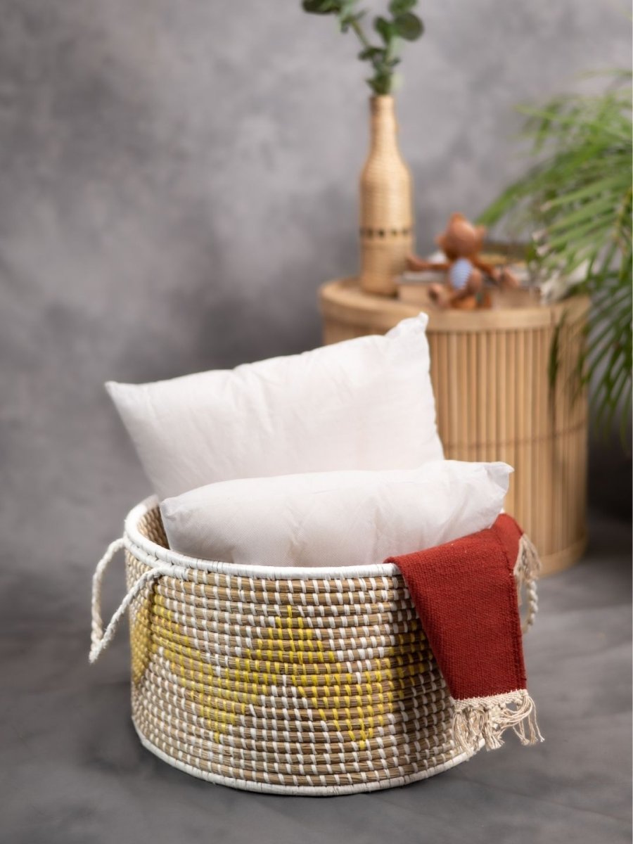 Handmade Moonj Grass Declutter Basket – Baskets & Boxes by Kadam Haat available on Brown Living™. Yellow - Wave . SKU: BM48YEL1 - NEW. Img 3.