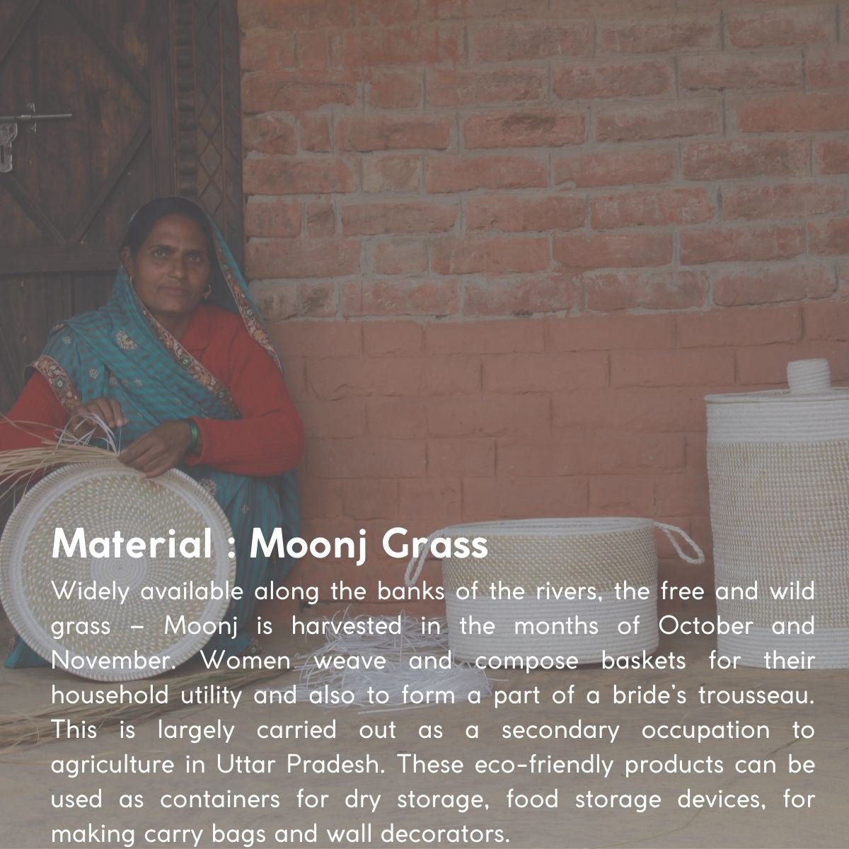 Handmade Moonj Grass Declutter Basket - White - Bottom Strip | Verified Sustainable by Brown Living™