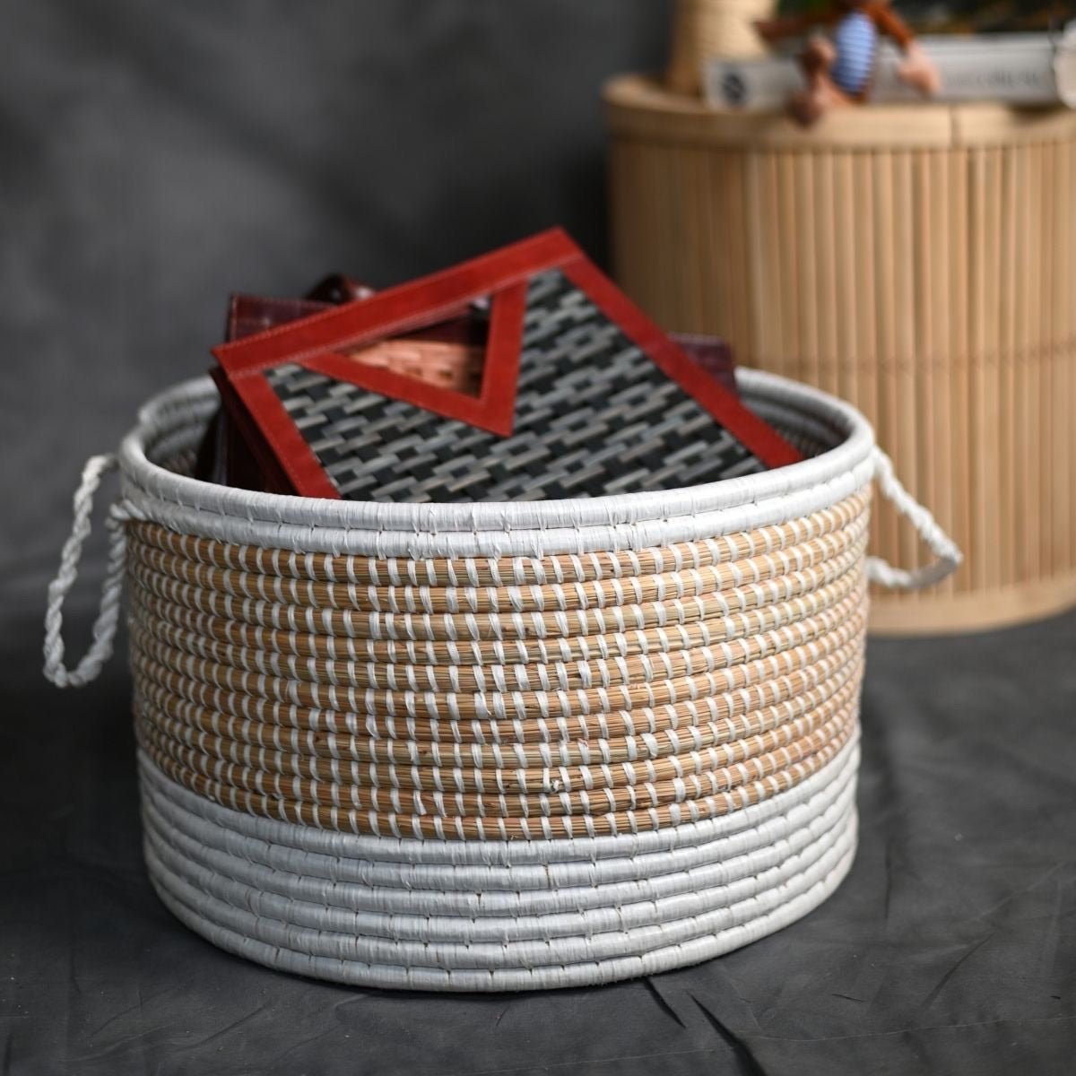 Handmade Moonj Grass Declutter Basket - White - Bottom Strip | Verified Sustainable by Brown Living™