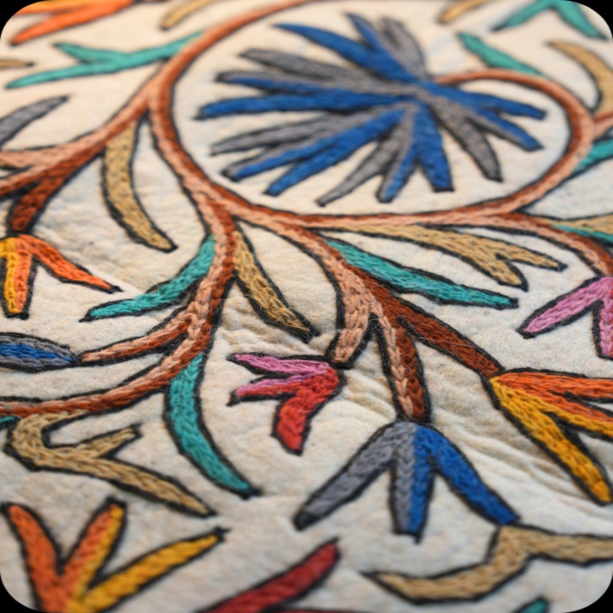 Handmade Namda Accent Rug | Kashmiri Wool Felt & Embroidered Carpet – Mats & Rugs on Brown Living™. SKU: b0_rug_0216. Img 21.