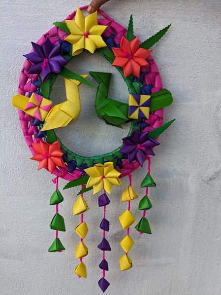 Handmade Palm Leaf Double Parrot Wreath I Diwali Decoration I Single – Home Decor on Brown Living™. SKU: SNPW01. Img 1.