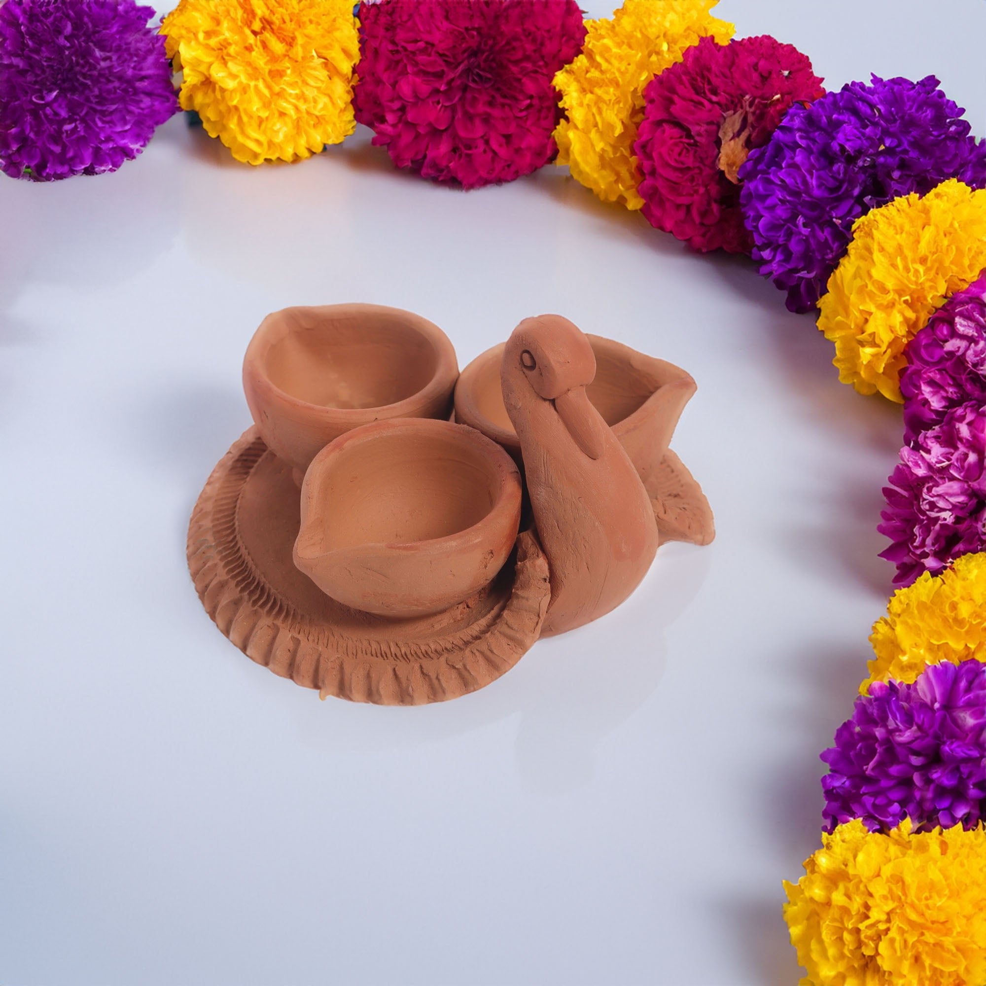 Handmade RajHans Terracotta Holder with 3 Diyas | Verified Sustainable by Brown Living™