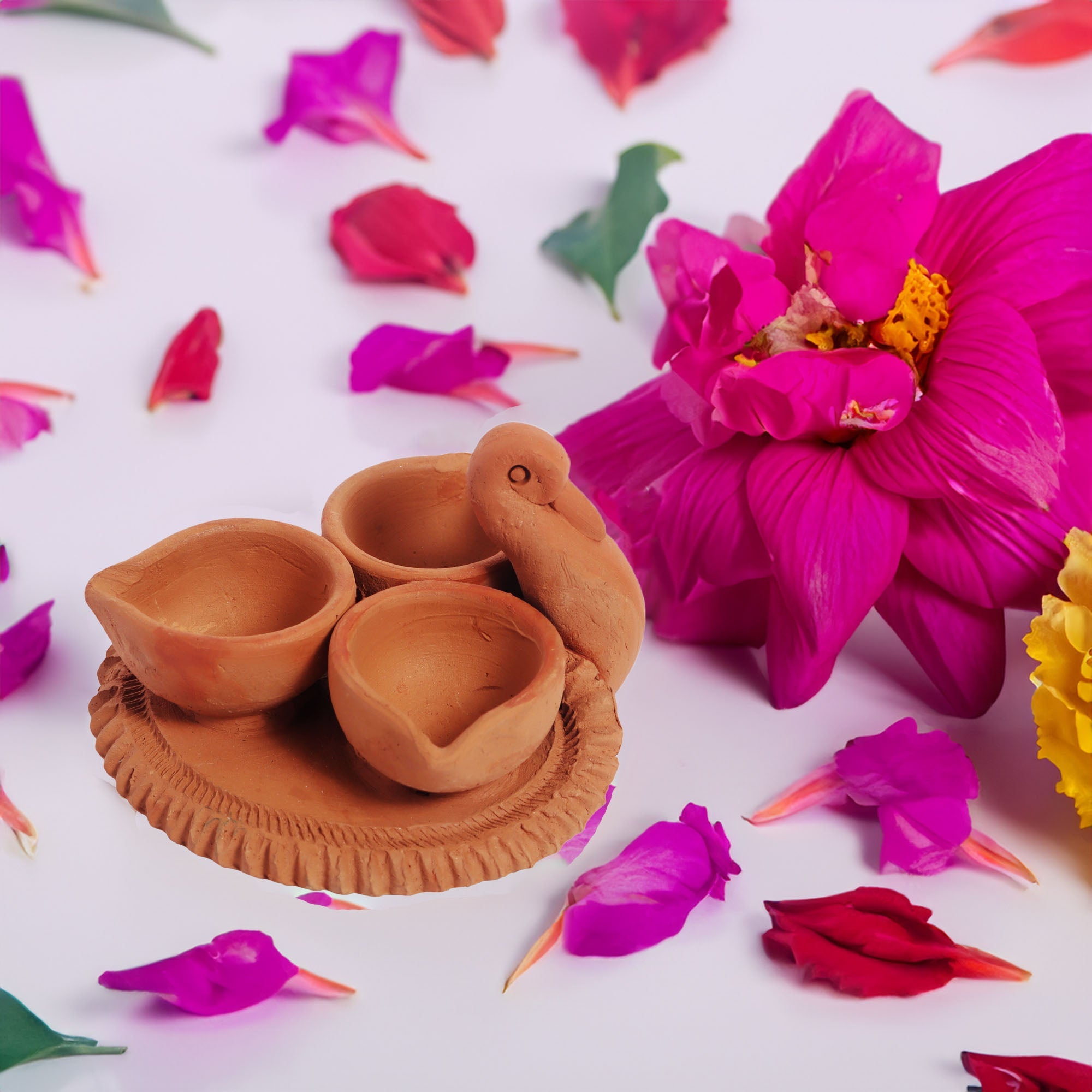 Handmade RajHans Terracotta Holder with 3 Diyas | Verified Sustainable by Brown Living™