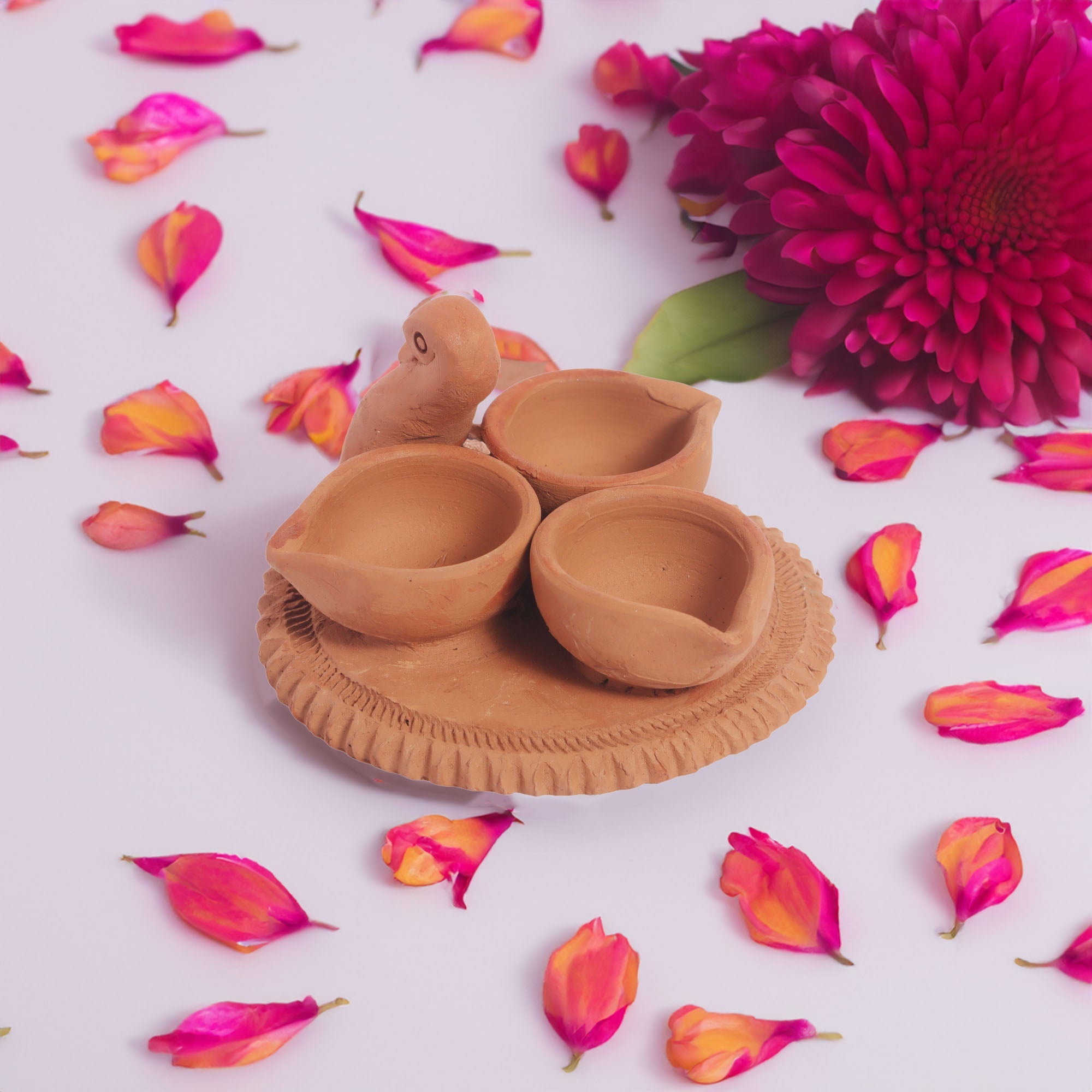 Handmade RajHans Terracotta Holder with 3 Diyas | Verified Sustainable by Brown Living™