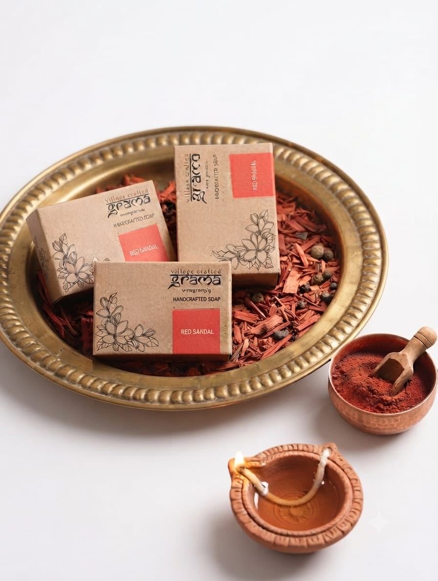 Handmade Red Sandal Soap,125g| Pack of 3 (Hot Process) – Body Soap on Brown Living™. SKU: Redsandalsoap. Img 1.