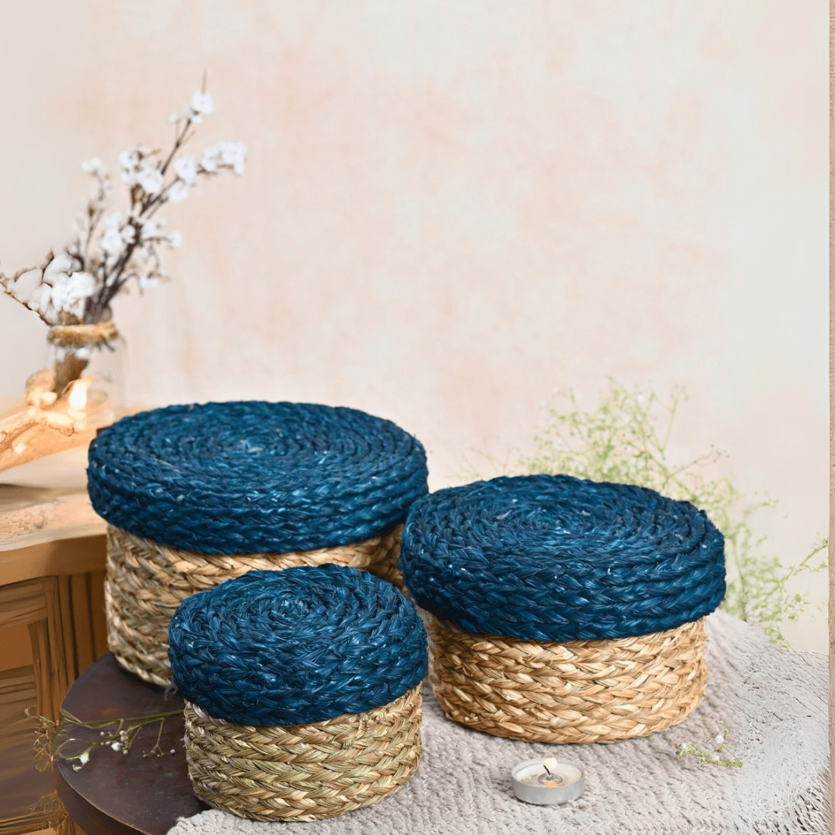 Handmade Sabai Gift Box | Set of 3 – Baskets & Boxes by Kadam Haat available on Brown Living™. Indigo . SKU: BS43SO3ING - NEW. Img 7.