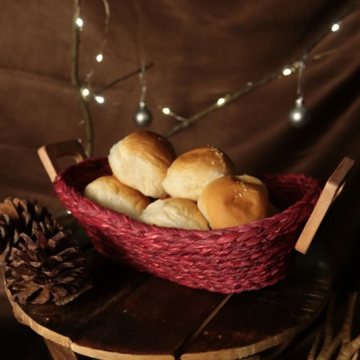 Handmade Sabai Grass Bread Basket - Small - Red | Verified Sustainable by Brown Living™