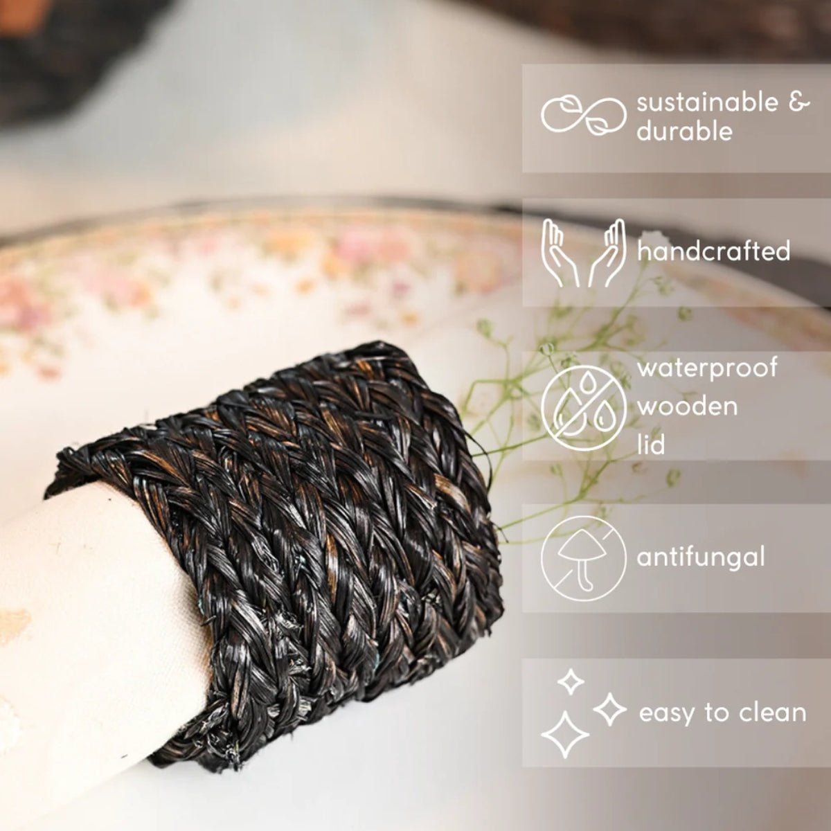 Handmade Sabai Napkin Rings - Black – Table Decor by Kadam Haat available on Brown Living™. . SKU: SASDNHBLK. Img 2.