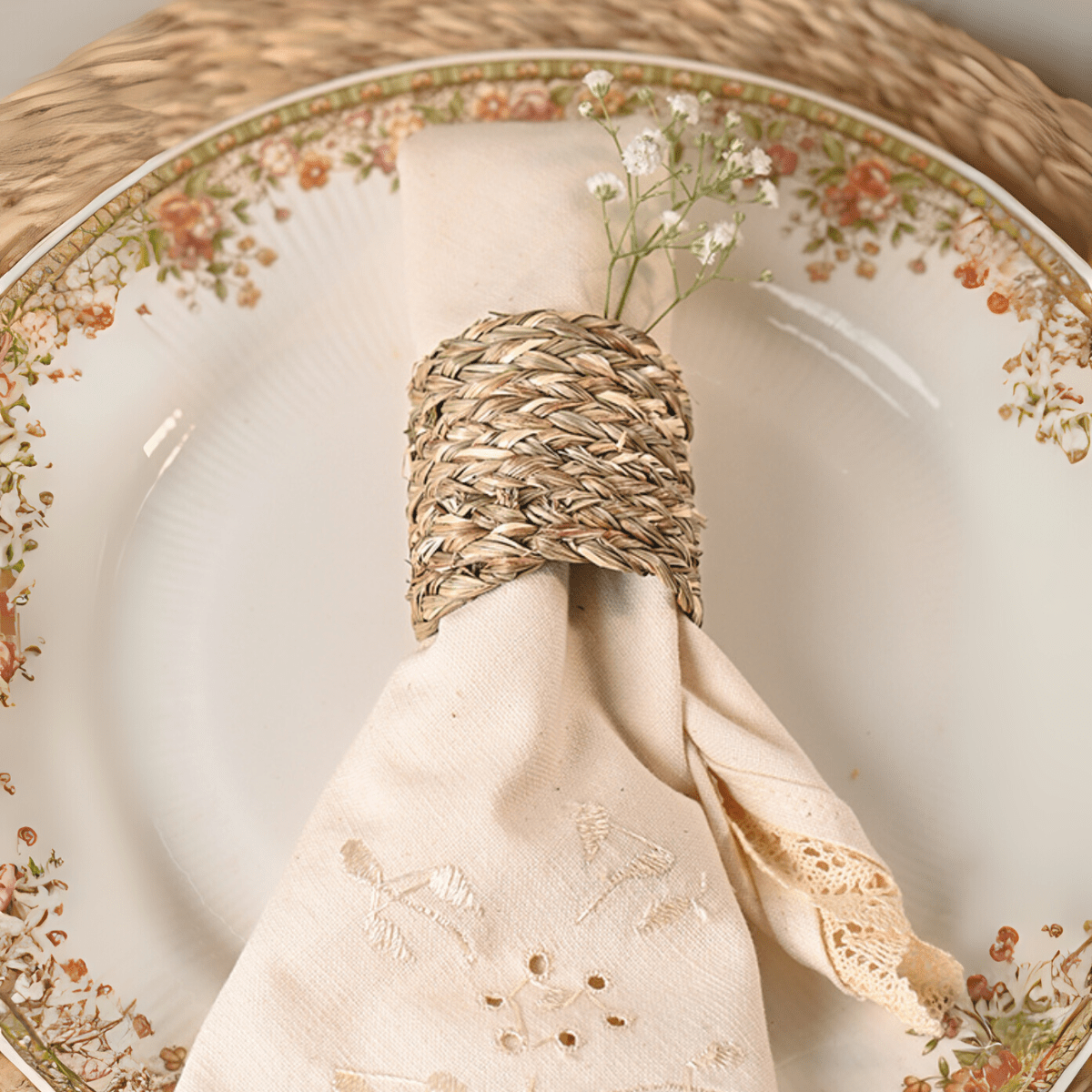 Handmade Sabai Napkin Rings (Set of 4) – Table Decor by Kadam Haat available on Brown Living™. Natural . SKU: SASDNHNAT - NEW. Img 3.
