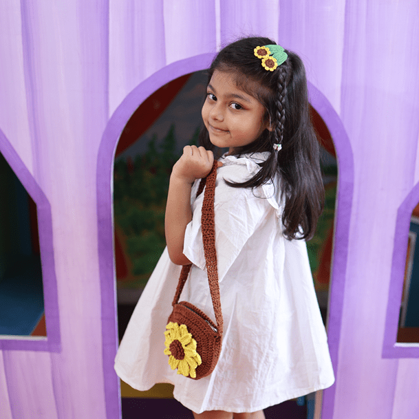 Handmade Sunflower Crochet Bag – Kids Bags on Brown Living™. SKU: SARKID05. Img 1.
