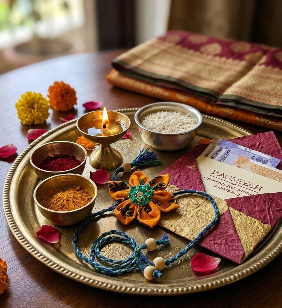 Handmade Textile Rakhi | Rivaaz Traditional Rakhi – Rakhi on Brown Living™. SKU: KR09. Img 1.