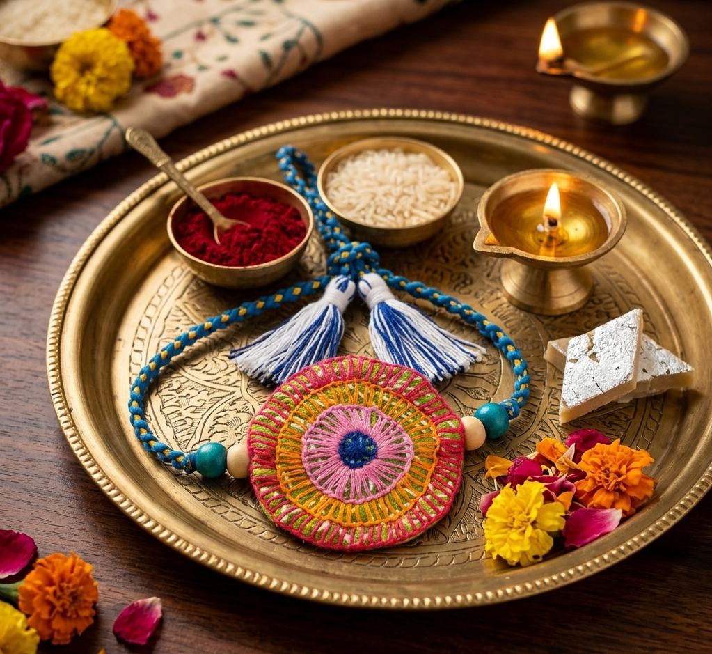 Handmade Textile Rakhi | Saajh Designer Rakhi – Rakhi on Brown Living™. SKU: KR11. Img 1.