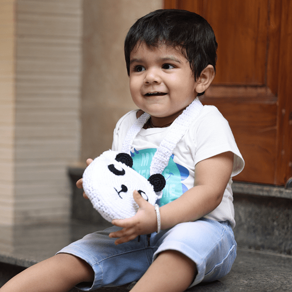 Handmade White Panda Crochet Bag – Kids Bags on Brown Living™. SKU: SARKID01. Img 2.